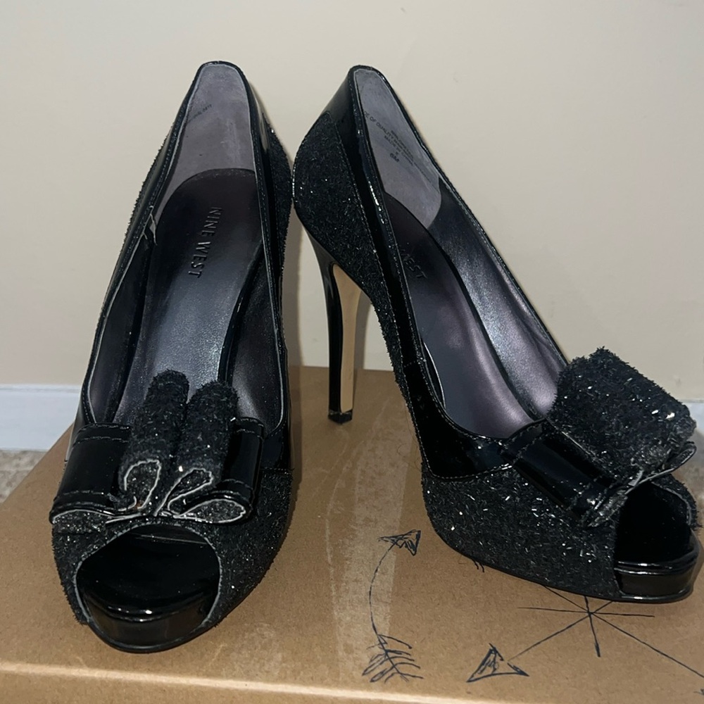 Sparkly Black Bow Nine West Heels